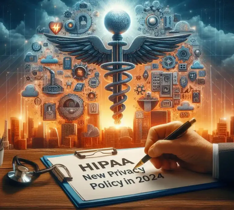A futuristic cityscape with a clipboard titled "HIPAA New Privacy Policy in 2024" and medical symbols.