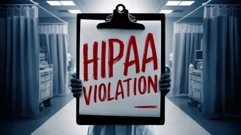 A person holding a clipboard with the text “HIPAA VIOLATION.”